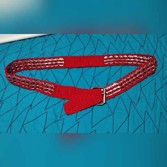 Handmade Upcycled Pull-Tab Soda Belt Red measures approx 40" single layer tabs - Picture 11 of 13